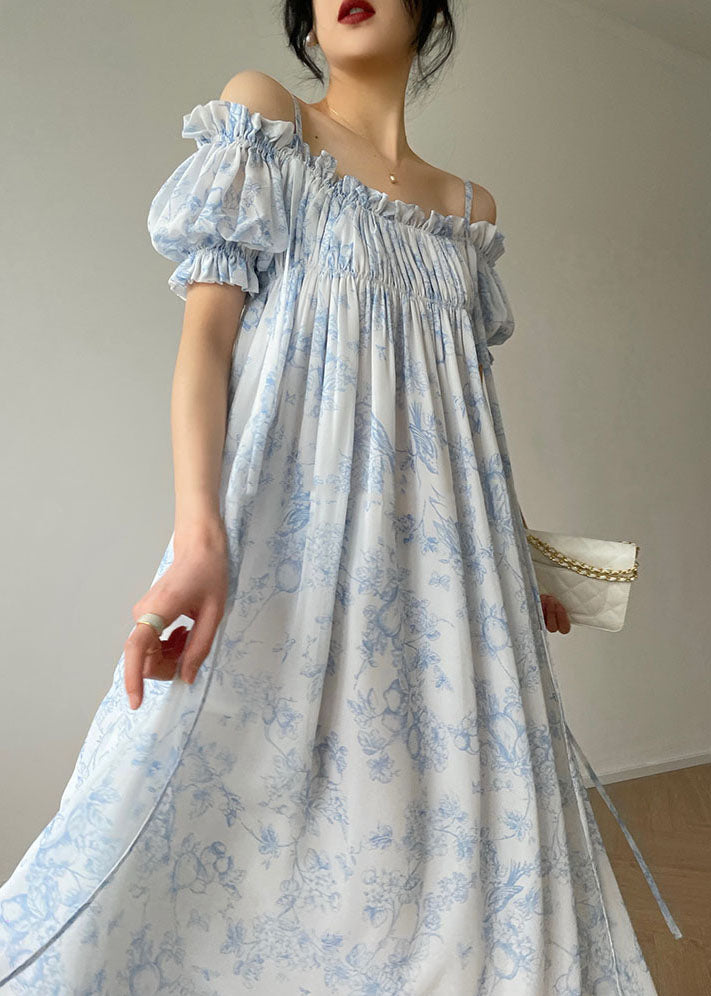 Bohemian Light Blue Ruffled Wrinkled Print Chiffon Spaghetti Strap Dresses Sleeveless