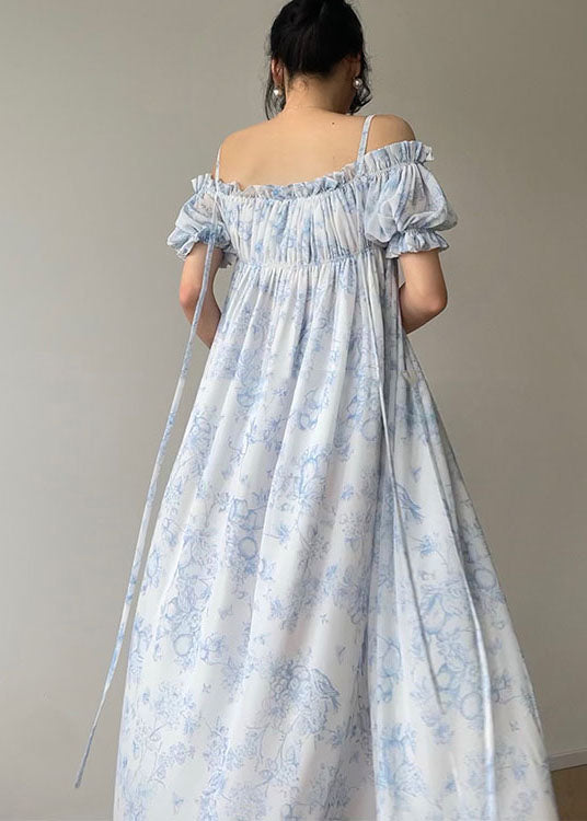 Bohemian Light Blue Ruffled Wrinkled Print Chiffon Spaghetti Strap Dresses Sleeveless