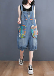 Bohemian Light Blue Slash Neck Print Button Denim Jumpsuit Summer