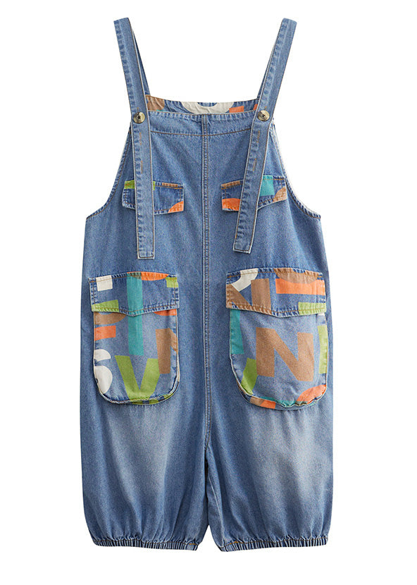 Bohemian Light Blue Slash Neck Print Button Denim Jumpsuit Summer