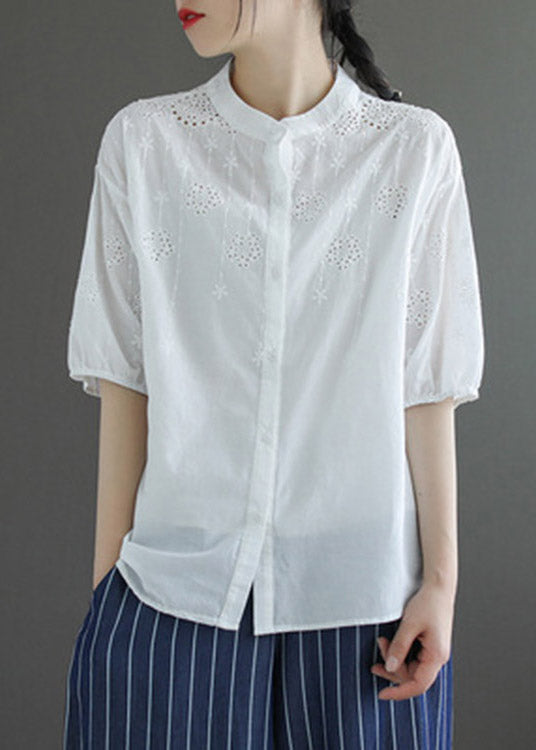 Bohemian Light Blue Stand Collar Embroideried Button Cotton Shirt Half Sleeve