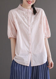 Bohemian Light Blue Stand Collar Embroideried Button Cotton Shirt Half Sleeve