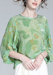 Bohemian Light Green O-Neck Print Velour Tops Long Sleeve