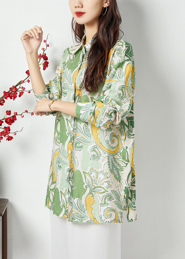 Bohemian Light Green Peter Pan Collar Print Cotton Long Shirt Spring