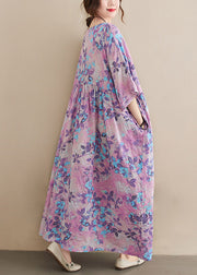 Bohemian Light Purple Oversized Print Cotton Holiday Dress Summer