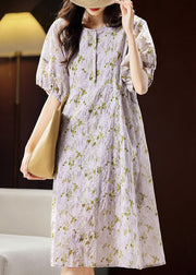 Bohemian Light Purple Print Patchwork Cotton Holiday Long Dress Puff Sleeve