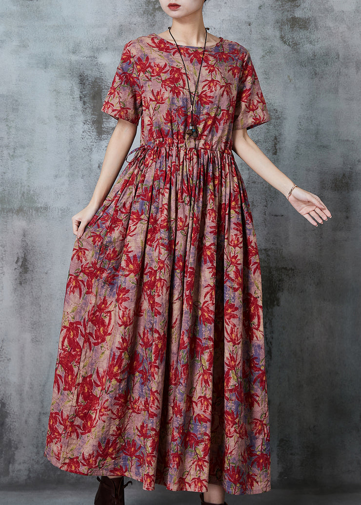 Bohemian Maple Leaves Print Linen Cinched Dress Summer