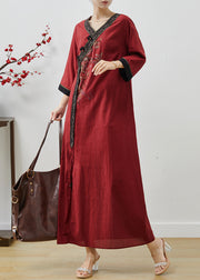 Bohemian Mulberry Embroidered Tasseled Linen Holiday Dress Summer