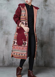 Bohemian Mulberry Hooded Print Pockets Fine Cotton Filled Coats Winter