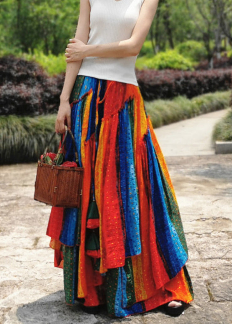 Bohemian Multi Color Wrinkled Patchwork Exra Large Hem Cotton Maxi Skirt Spring