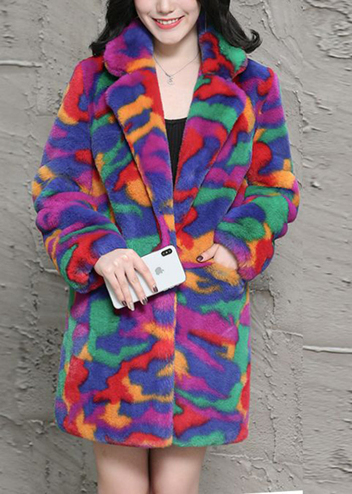 Bohemian Multicolor Oversized Tie Dye Faux Fur Jackets Winter