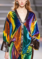 Bohemian Multicolour V Neck Patchwork Silk Velvet Coat Fall