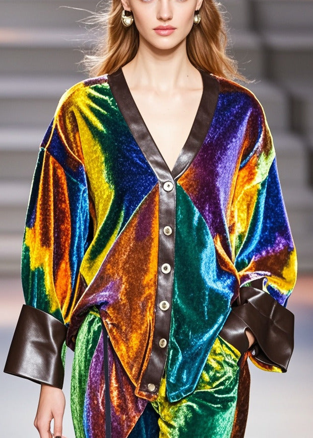 Bohemian Multicolour V Neck Patchwork Silk Velvet Coat Fall