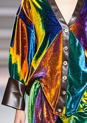 Bohemian Multicolour V Neck Patchwork Silk Velvet Coat Fall