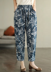 Bohemian Navy Elastic Waist Print Cotton Crop Pants Fall