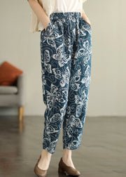 Bohemian Navy Elastic Waist Print Cotton Crop Pants Fall