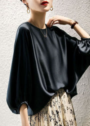 Bohemian Navy O-Neck Oversized Slid Silk Blouse Top Batwing Sleeve