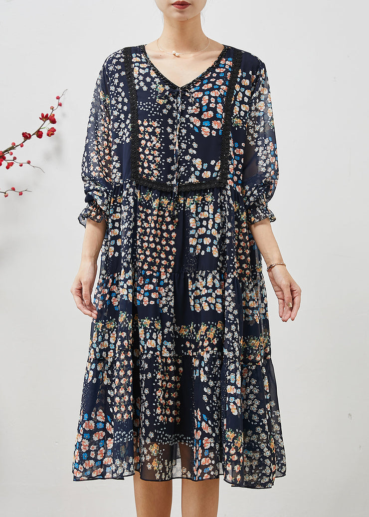 Bohemian Navy Oversized Print Chiffon Mid Dress Summer