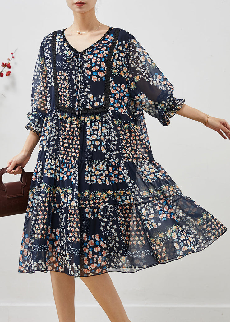 Bohemian Navy Oversized Print Chiffon Mid Dress Summer