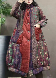 Bohemian Navy Pockets Print Patchwork Warm Fleece Coats Winter