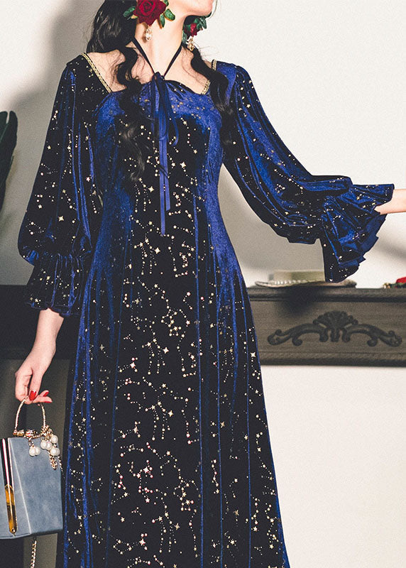 Bohemian Navy Square Collar Sequins Exra Large Hem Silk Velour Maxi Dresses Spring