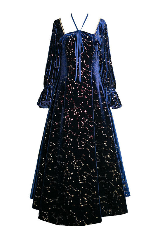 Bohemian Navy Square Collar Sequins Exra Large Hem Silk Velour Maxi Dresses Spring