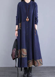 Bohemian Navy Stand Collar Patchwork Cotton Long Dress Fall