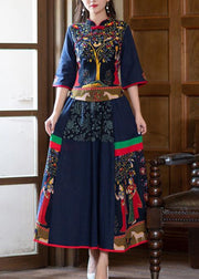 Bohemian Navy Stand Collar Tops And Skirts Cotton Two Pieces Set Spring