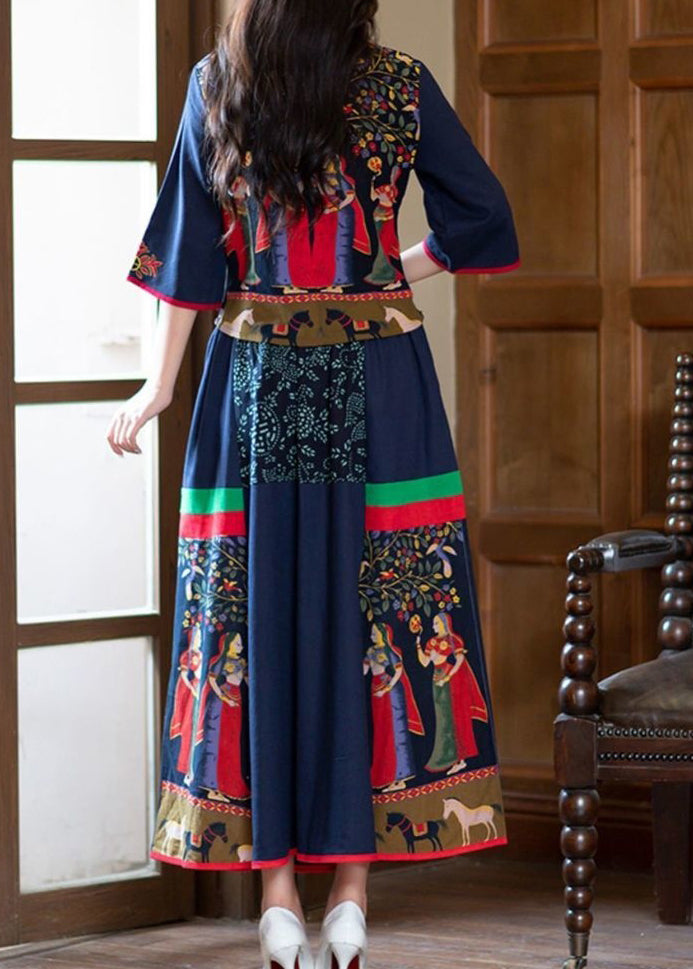 Bohemian Navy Stand Collar Tops And Skirts Cotton Two Pieces Set Spring