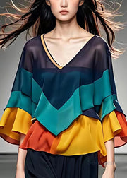 Bohemian Navy V Neck Patchwork Chiffon Blouse Fall