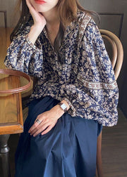 Bohemian Navy V Neck Print Chiffon Shirt Top Lantern Sleeve