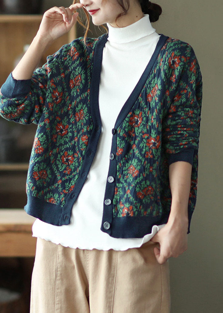 Bohemian Navy V Neck Print Knit Cardigan Winter