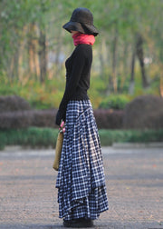 Bohemian Navy Wrinkled Asymmetrical Plaid Cotton Skirts Spring