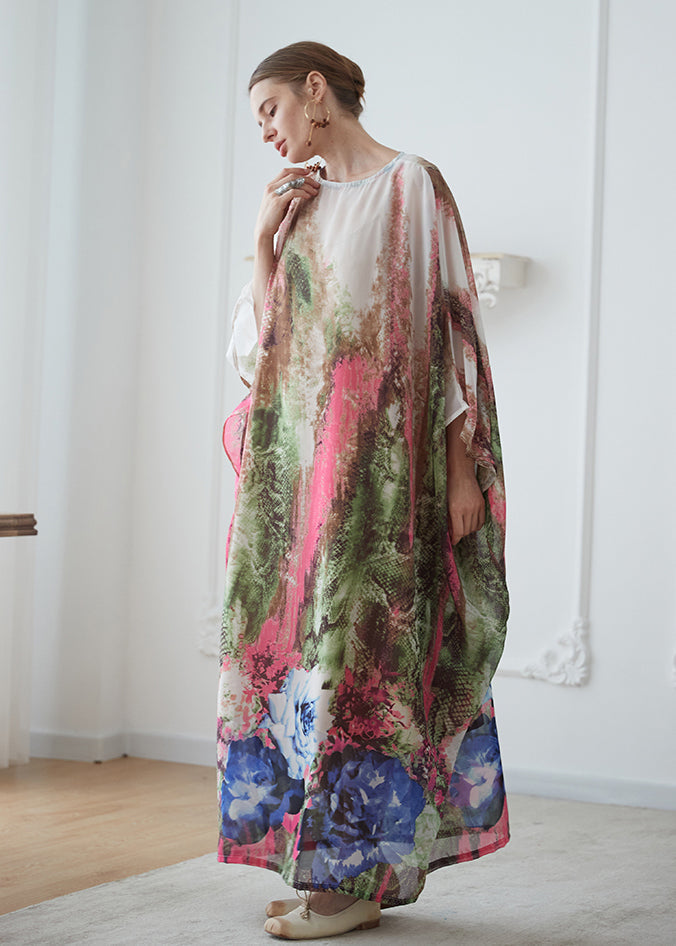 Bohemian O Neck Print Chiffon Vacation Long Dresses Batwing Sleeve