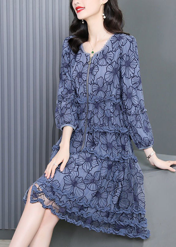 Bohemian O-Neck Zippered Ruffled Embroideried Floral Maxi Dress Long Sleeve