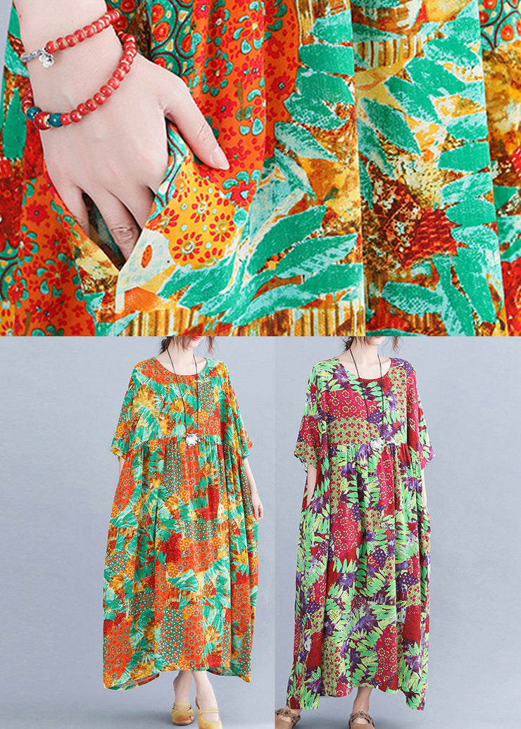 Bohemian Orange O-Neck Print Cozy Maxi Dresses Summer