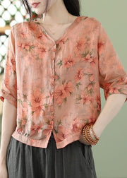 Bohemian Grey Flowers Print Slim Fit Linen Shirt Top Half Sleeve