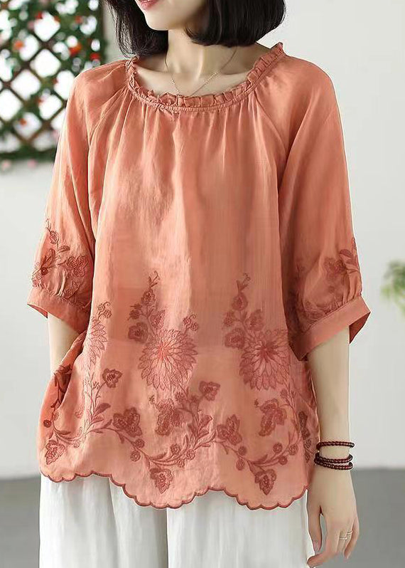 Bohemian Orange Ruffled Embroideried Linen T Shirt Summer