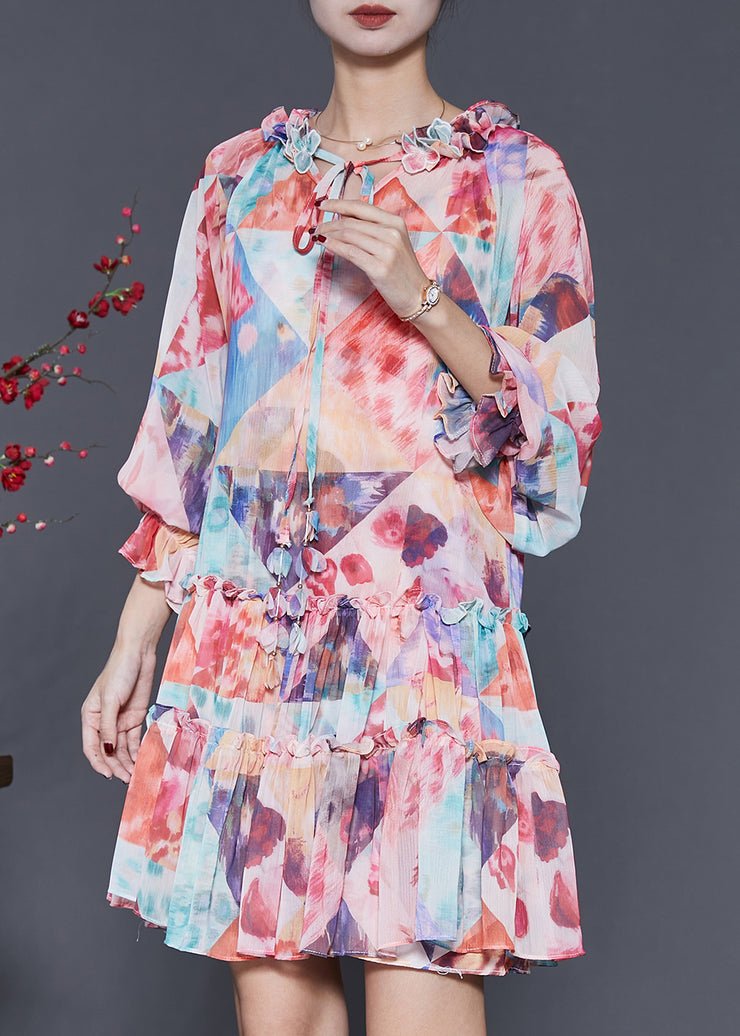 Bohemian Orange Ruffled Print Chiffon Mid Dress Spring