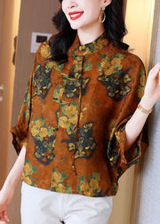 Bohemian Orange Stand Collar Oriental Button Print Silk Blouses Batwing Sleeve