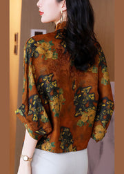 Bohemian Orange Stand Collar Oriental Button Print Silk Blouses Batwing Sleeve