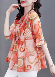 Bohemian Orange Stand Collar Print Patchwork Chiffon Blouses Flare Sleeve