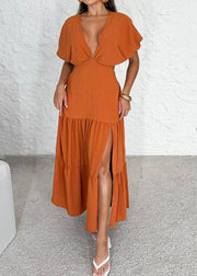 Bohemian Orange V Neck Wrinkled Side Open Cotton Dress Summer