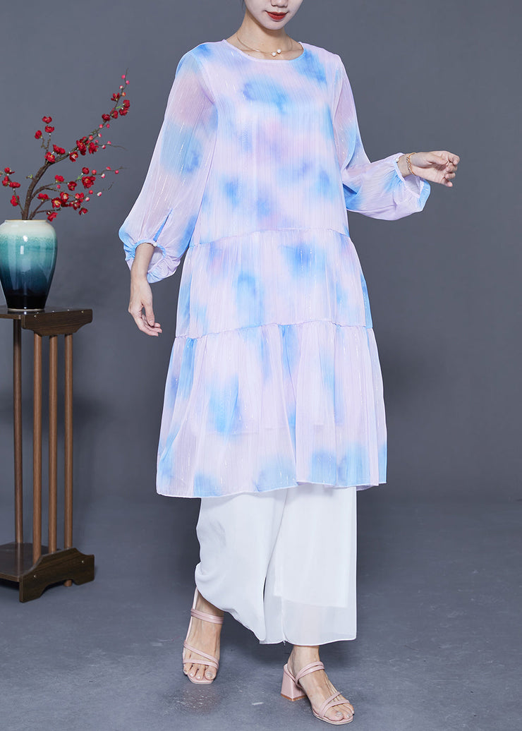 Bohemian Oversized Patchwork Tie Dye Silk Robe Dresses Lantern Sleeve