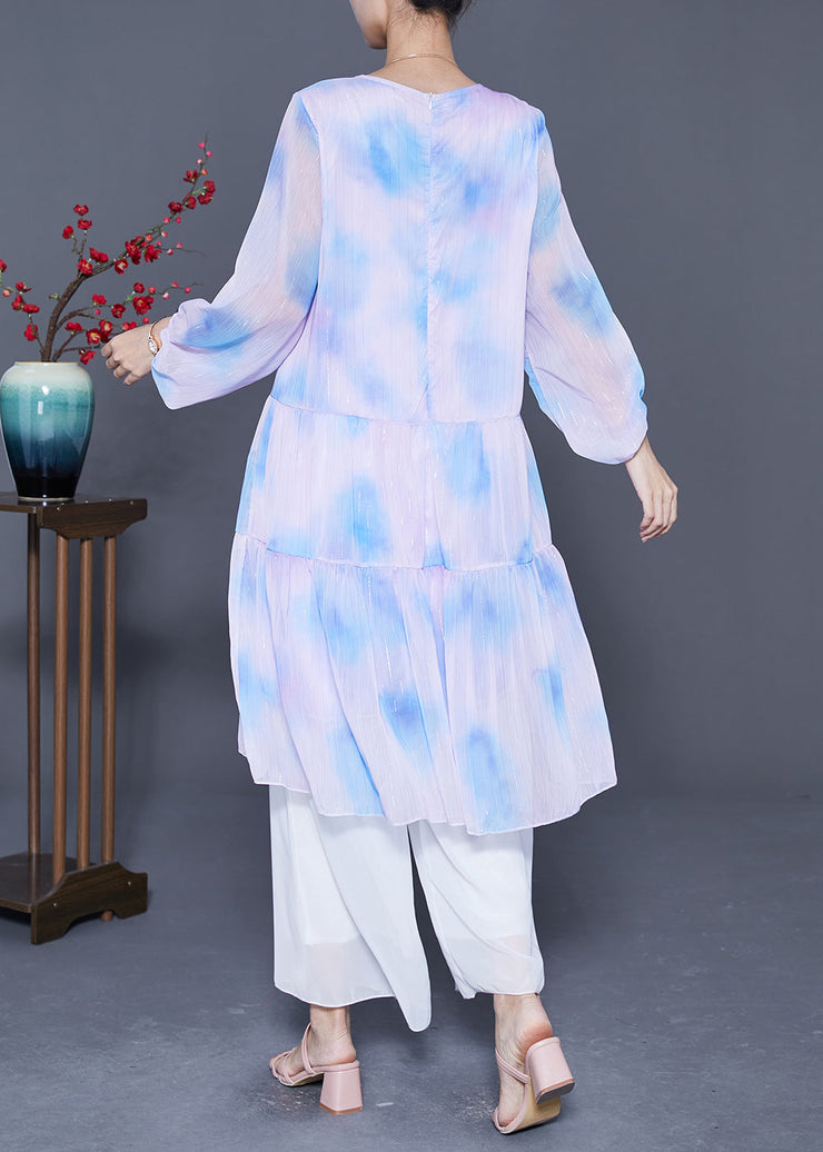 Bohemian Oversized Patchwork Tie Dye Silk Robe Dresses Lantern Sleeve