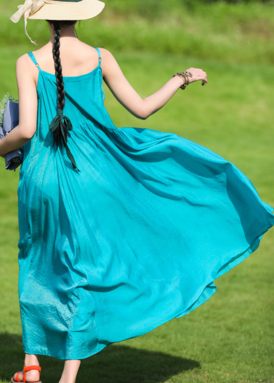 Bohemian Peacock Blue Embroideried Wrinkled Cotton Spaghetti Strap Dress Summer