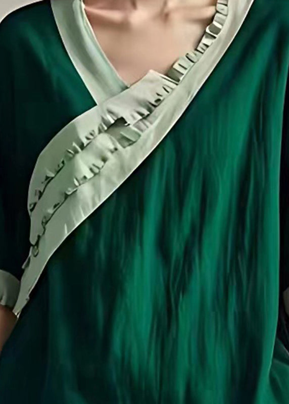Bohemian Peacock Green Ruffled Patchwork Linen Blouses Summer