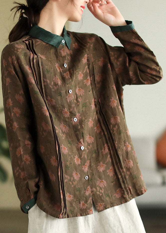 Bohemian Peter Pan Collar Print Button Linen Shirt Long Sleeve