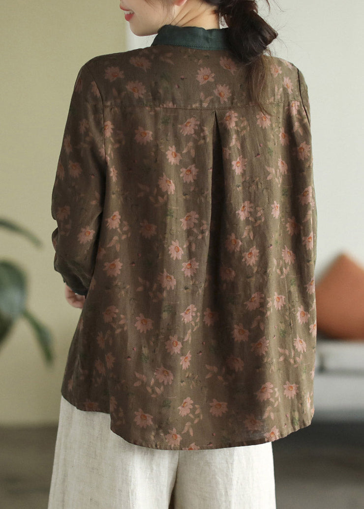 Bohemian Peter Pan Collar Print Button Linen Shirt Long Sleeve