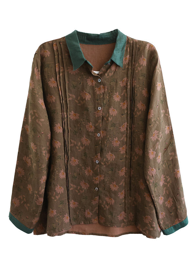 Bohemian Peter Pan Collar Print Button Linen Shirt Long Sleeve